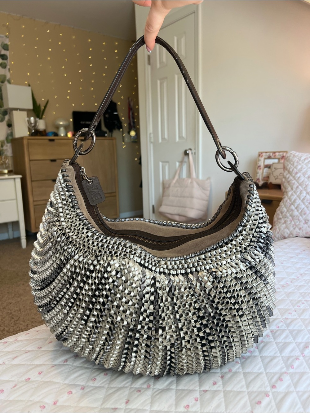 Diane von Furstenberg Stephanie Woven Leather Hobo Bag Silver Brown Slouchy